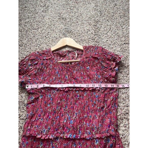 Free People Pink Floral Short Sleeve Smocked Stretch Mini Dress Women's  S/P - Picture 7 of 8